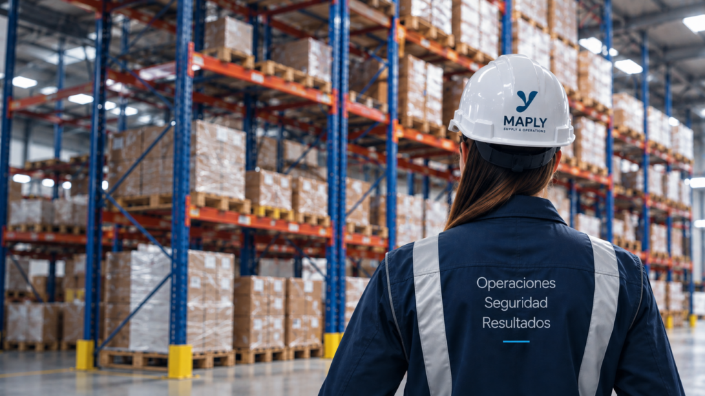 Profesional de MAPLY en almacén industrial con casco y chaleco reflectante